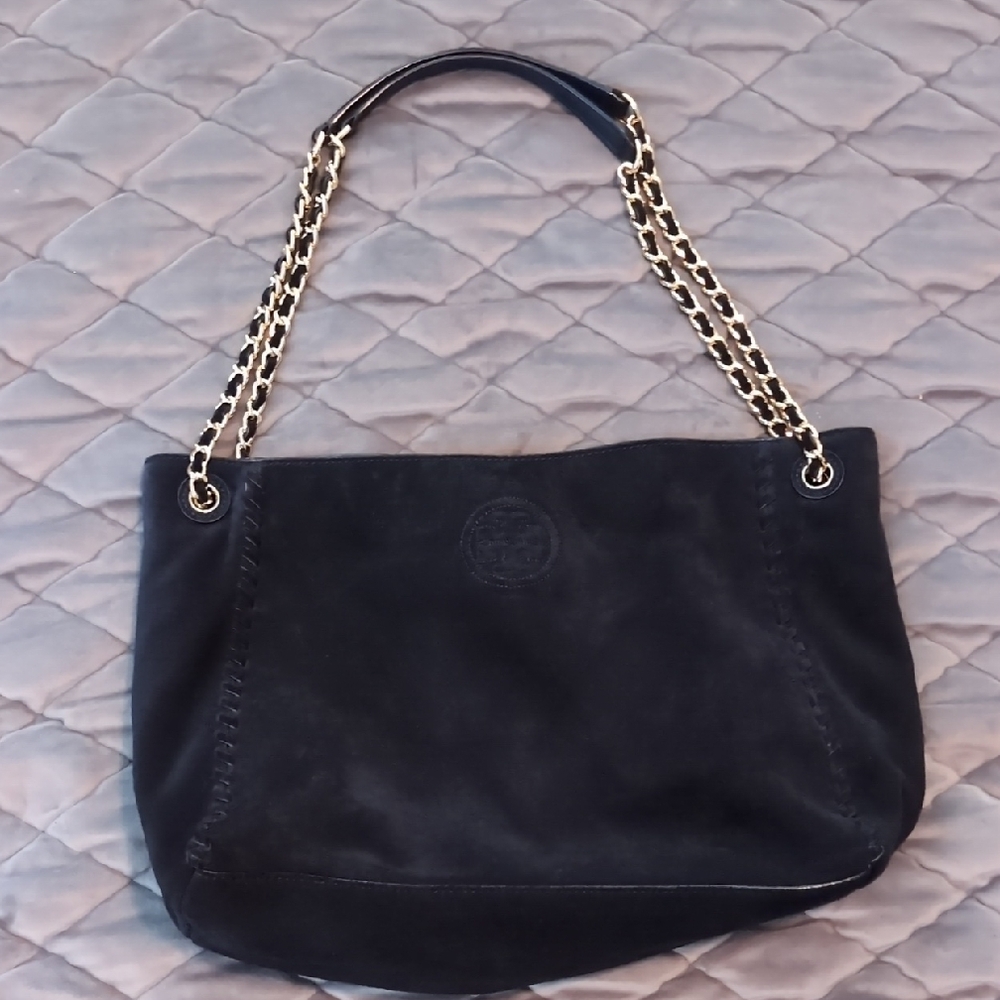 😍 Gorgeous Tory Burch Midnight Navy Braided Suede Leather Tote Gold Chain Strap